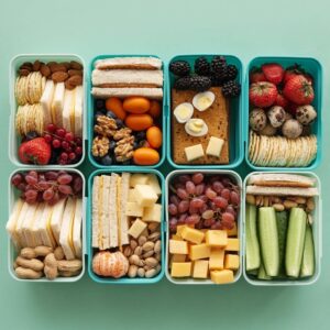 A top view of assorted snacks in teal containers on a green background.